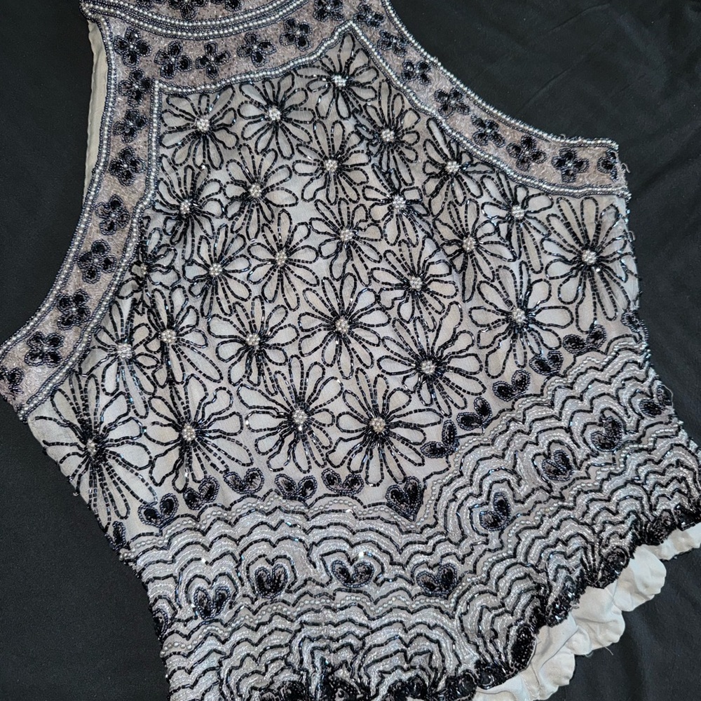 Black and gray beaded floral embellished Women's Top- Papell Boutique Evening